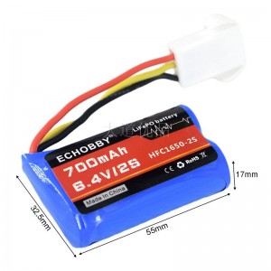 6.4V 2S 700mAh HFC16500锂铁电池 EL4.5-3P母头 正圆负方